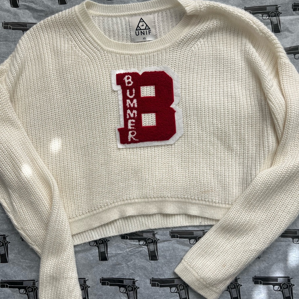 UNIF Cream Knit Sweater with Red Letter Patch